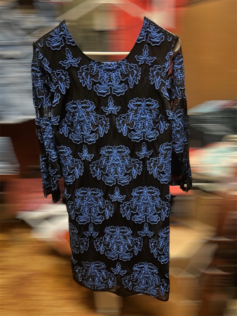 Sachin + Babi NWT Size 6 Black Midi Dress with Blue Embroidery